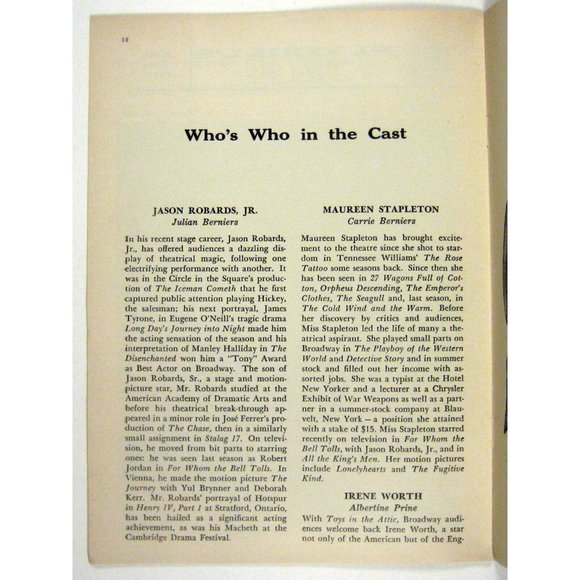 Toys in the Attic Playbill July 1960 Marine Stapleton Irene Worth Jason Robards - Picture 8 of 9